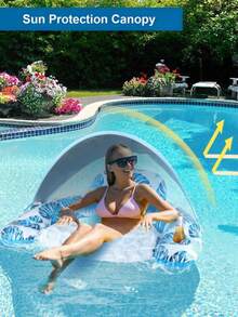 Inflatable Floating Lounger With Canopy, Leaf Print Floating Chair With Cup Holder, Foldable Thick PVC Pool Float, Durable And Waterproof, Ergonomic Design For Comfortable Lounging, Suitable For Pool, Beach And Vacation - Floating Rafts - View 9