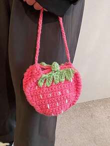 Cute Strawberry Knitted Pouch, Handmade Niche Design Woven Bag, Coin Crossbody Purse, Strawberry - 粉色 - 查看 4
