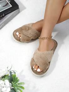 Damen Mode flauschige Kunstfell Slip-On Hausschuhe, weich & leicht Innen Hausschuhe, leise Teppich Hausschuhe - Kaffeebraun - Übersicht 2