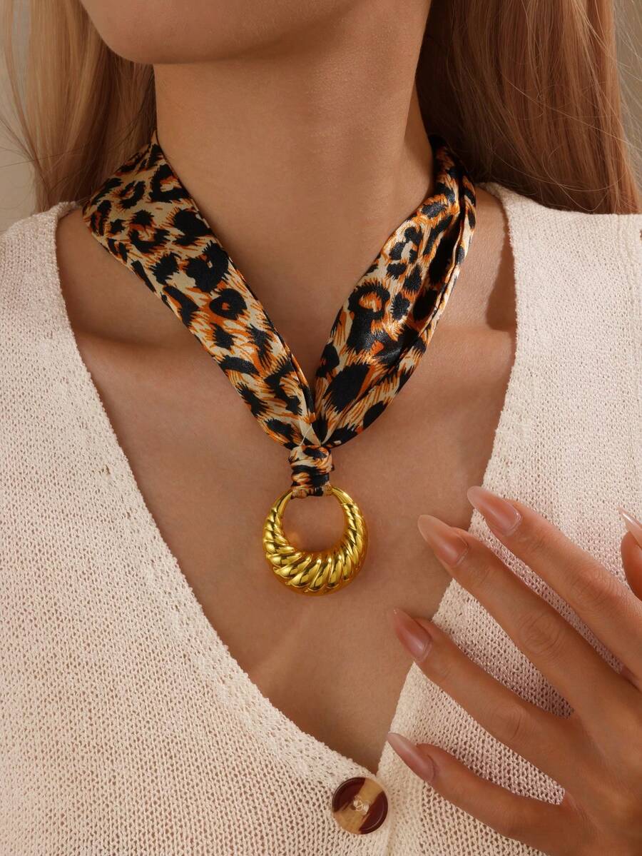 GEREIT 1件18K镀金不锈钢月亮吊坠项链，饰以豹纹和腰果花吊坠，百搭日常佩戴，适合女性 - 彩色 - 查看 1