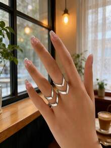 2pcs Minimalist Geometric Open V-Shaped Ring Set, Suitable For Daily And Casual Wear - Silver - View 2