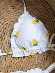 Bộ bikini tam giác viền bèo họa tiết chanh dành cho nữ, kiểu dáng buộc dây cổ hai mảnh, thích hợp cho kỳ nghỉ biển. - trắng - Xem 5