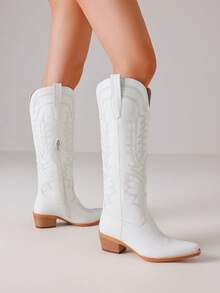 Vintage Western Cowboy Knee High Boots Women Fashion Embroider Chunky Heels Pointed Toe Side Zipper Classic Retro Tall Cowgirl Boots - 白色 - 查看 4