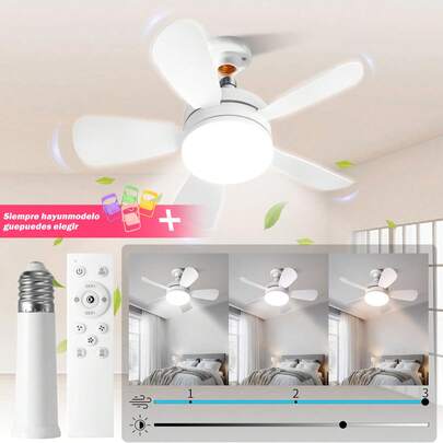40W Ventilador de techo pequeño de 20.5" con luz, base E27, control remoto, 3 velocidades, 3 temperaturas de color (6000K), luz de techo LED, estilo moderno para dormitorio y sala de estar