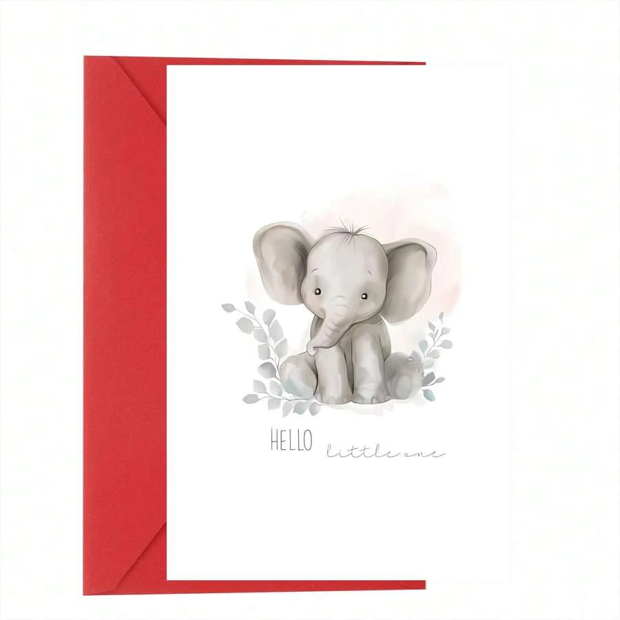 Edition Seidel Premium Square Birth Greeting Card, Includes Envelope, Baby Card, Hello Little One, Baby, Boy, Girl, Elephant (EQ107 SW024) - A - View 1