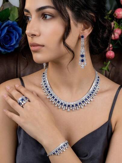 1 Set de joyería de lujo con circonita cúbica, gema azul, forma de lágrima y decoración geométrica, adecuado como regalo de aniversario para mujeres