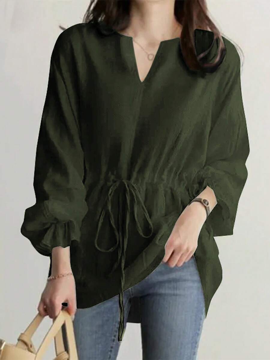 Plus Size Women V-Neck Drawstring Waist Casual Blouse, Loose Fit Long Sleeve Tie Front Shirt For Commute/Daily Wear - Army Green - View 1
