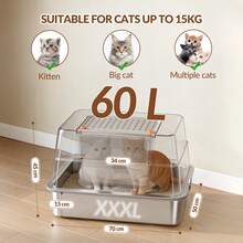 HaluPeit Lettiera Acciaio Inox Gatto con Coperchio, XXXL Lettiera Gatto Chiusa, 70 x 50 x 45 cm, 105° Coperchio Pieghevole, Include Pedale e Paletta, Facile da Pulire, Design Modulare, Grigio Scuro - Tagli Unica - Visualizzare 7