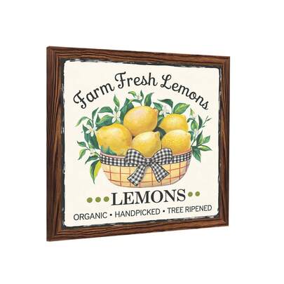 2D Flat, 1pc, Farm Fresh Lemons Framed Wood Sign, Rustic Farmhouse Wood Lemon Sign For Home Kitchen Office Living Room 7.87x7.87 Inch