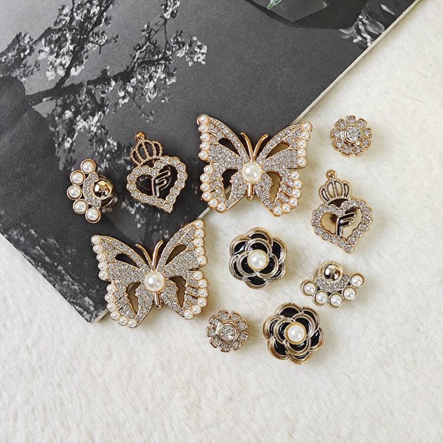 10pcs DIY Shoe Decoration Charms - Shiny Pearl Butterfly, Flower, Heart Decorative Buttons, Non-Metal Lightweight Material, Y2K Fashion Versatile Cute Unisex, Suitable For EVA Beach Shoes, Slippers, Detachable Shoe Decor, Holiday Gift - Multicolor - View 1