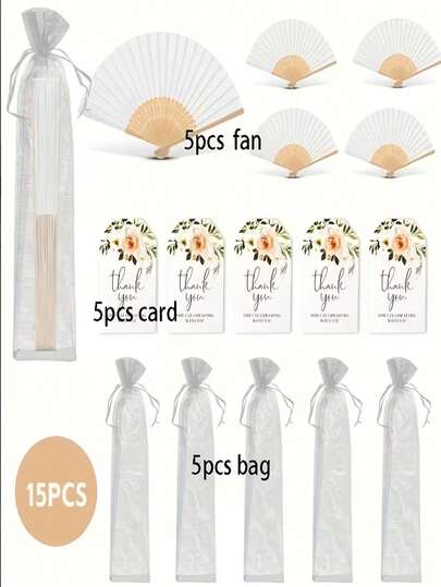 手持折叠扇，白色，配欧根纱袋和吊牌，适合作为婚礼新娘礼物、新娘房装饰、DIY礼物、情人节礼物、派对回礼、女士折叠扇