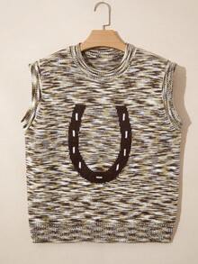 Acelitt Summer Women's Brown Western Horseshoe Pattern Casual Round Neck Sweater Vest - Multicolor - View 3