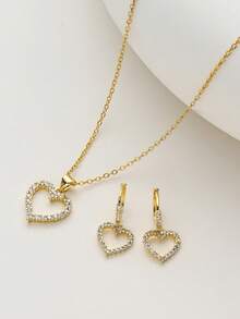 2pcs Heart-Shaped Pendant Necklace And Earrings Set, Gold-Tone With Rhinestone Decor, Suitable For Women's Workplace, Daily, Business, And Date Occasions, Can Be Given As A Gift On Wedding Anniversary - Gold - View 9