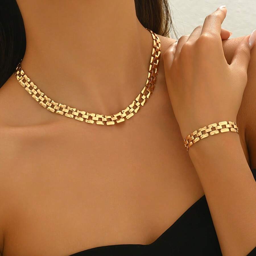 2-Piece New Spring-Summer Chic Chain Jewelry Set For Women, Featuring A Cool Metallic Style With Square Geometric Chains, Including A Necklace And Bracelet. Suitable For Daily Wear, Street Photography, Holidays, And As A Gift For Friends. Versatile Accessories - Bạc - Xem 1