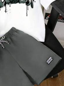 男童休闲时尚街头通勤字母卡通印花短袖T恤和打结短裤套装，夏季 - 灰色 - 查看 3