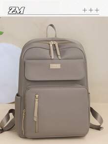 Ba lô nữ bằng nylon màu trơn, có lớp đệm, dung tích lớn, đa năng, kiểu dáng tối giản, phù hợp cho học sinh, người đi làm. - Màu Khaki - Xem 8