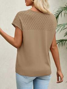 Womens Crochet Knit Short Sleeve Sweater Top Crewneck Summer Casual Pullover Shirts - Khaki - View 2