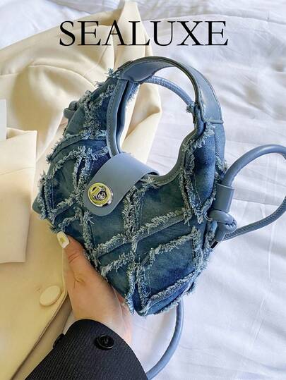 Mini Hobo Bag Twist Lock Raw Trim Denim Underarm Bag,Fashionable Turn-Lock Satchel Bag,Simple Hobo Crossbody Bag, Vintage Jean Purse For Women