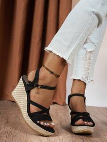 女士仿麂皮罗马风交叉绑带坡跟凉鞋，露趾踝带，编织厚底，波西米亚风夏季休闲百搭款 - 黑色 - 查看 3