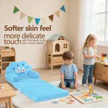2-In-1 Crown Shaped Children's Sofa, Foldable Recliner, Soft Faux Fur Fabric, Comfortable Play Furniture For Boys And Girls - Blue - View 4
