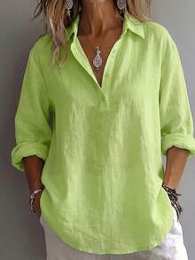 Women'S Elegant And Comfortable Loose Solid Color Long-Sleeve Shirt For Spring And Autumn. A Relaxed Style With A Collar And Half-Button Placket, Perfect For Casual Wear. This Versatile Top Is Suitable For Both Office And Leisure Time - 蒼黃 - 查看 13