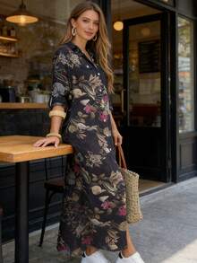 Loose-Fitting Long-Sleeved Shirt Dress With Button Closure And Print, Women's Printed Long-Sleeved Shirt Dress With Buttons And Front Pockets. - Black Leaves - View 5