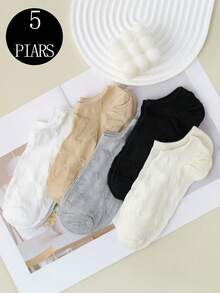 5 pares de calcetines invisibles tipo barco con lazo dulce para mujer, colores aleatorios, adecuados para primavera/verano - Multicolor - Ver 4