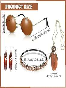 4-Piece Retro 60s Hippie Handmade Beaded Headpiece + Brown Glasses + Tassel Feather Earrings + Feather Necklace, 4-Piece Festival Party Costume, Bohemian Women's Role-Play Costume Accessories Masquerade Dress Set Small Gift. Halloween - Multicolor - View 6