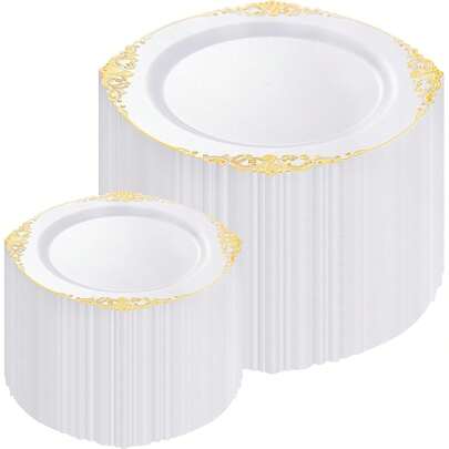 200PCS White And Gold Plates - Gold Plastic Plates - Fancy  Plate - Gorous 10inch Dinner & 7.25inch Dert Plate For 100 Guests For Wedding & Party Variant 1