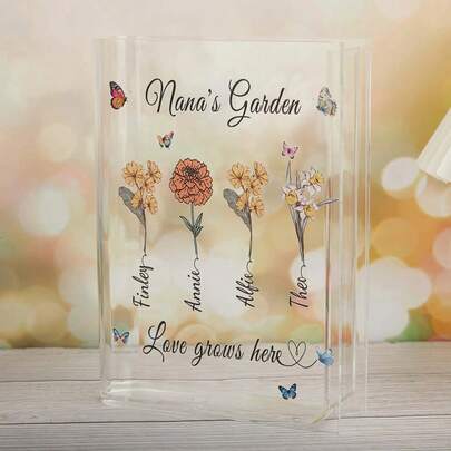 1pc Personalized Acrylic Book Shaped Flower Vase, Custom Text Name, Decorative Floral Acrylic Bookshelf Decor For Readers, Ideal Gift For Birthday, Christmas, Mother's Day
