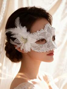 1pc Lace Flower Face Mask, Bridal Accessory, Sexy White Lace & Flower Half Face Mask For Masquerade Ball, Party Costume Decor,Halloween - Multicolor - View 2