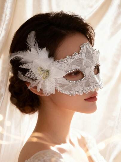 1pc Lace Flower Face Mask, Bridal Accessory, Sexy White Lace & Flower Half Face Mask For Masquerade Ball, Party Costume Decor