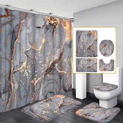 4件套大理石纹浴帘装饰，精美乔迁礼物，现代家居装饰，浴帘和马桶地垫三件套，附赠12个浴帘挂钩
