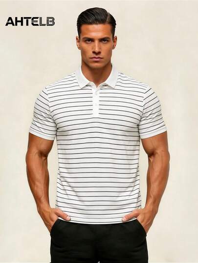  AHTELB 男士夏季条纹撞色短袖T恤，商务高端奢华透气上衣，轻盈丝滑Polo衫，高尔夫、网球运动服