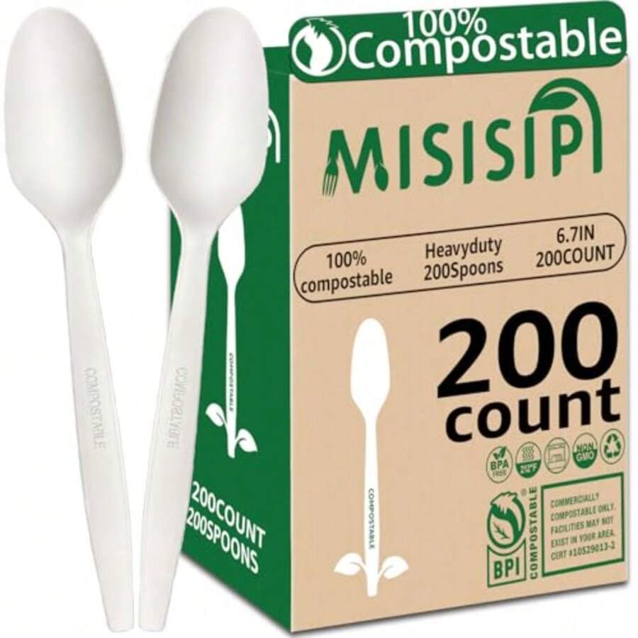 200Count 100% Compostable Spoons Biodegradable Spoon HeavyDuty No Plastic Spoons Eco-friendly HeavyWeight Disposable Spoon Tableware Set for LoungeParty BBQ Cafeteria Wedding Picnic - Blanco marfil - Ver 1