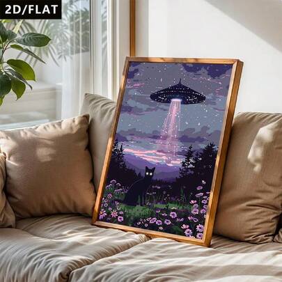 Tranh 2D/Phẳng 1 mảnh: Một chú mèo nhỏ, một UFO và một đồng cỏ đầy hoa tím, tranh trang trí mang đậm không khí huyền ảo, tranh treo tường bằng vải canvas, thích hợp cho phòng ngủ, phòng khách, phòng tắm, phòng học, trang trí nhà cửa, phòng ăn, văn phòng (Không khung/Vải canvas đã được căng khung).