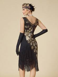 1920s Retro Peacock Feather Tassel Sequin Mini Dress, Party Outfit Wedding - Gold - View 8