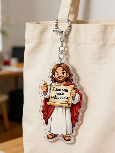 Acrylic Cartoon Jesus Keychain, Faith Based Acrylic Keychain, Black Font With Portuguese Words "Estou Com Voc Ê Todos Os Dias" And "I Am With You Every Day", Holding Scroll, Flat Acrylic Keychain, Perfect For Adding Meaningful And Fashionable Touch To Keys, Bags Or Backpacks.