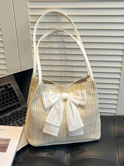 Large Capacity Woven Bag With Bow, Fashionable Straw Tote Bag, Summer Trending Shoulder Beach Bag