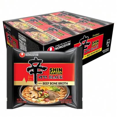  Nongshim Shin Ramyun Black Noodles, Spicy Korean Signature Instant Ramyun, Rich Beef Bone Broth, Pantry Essential Korean Noodles, Quick And Easy, 4.58 Oz (Pack Of 16)