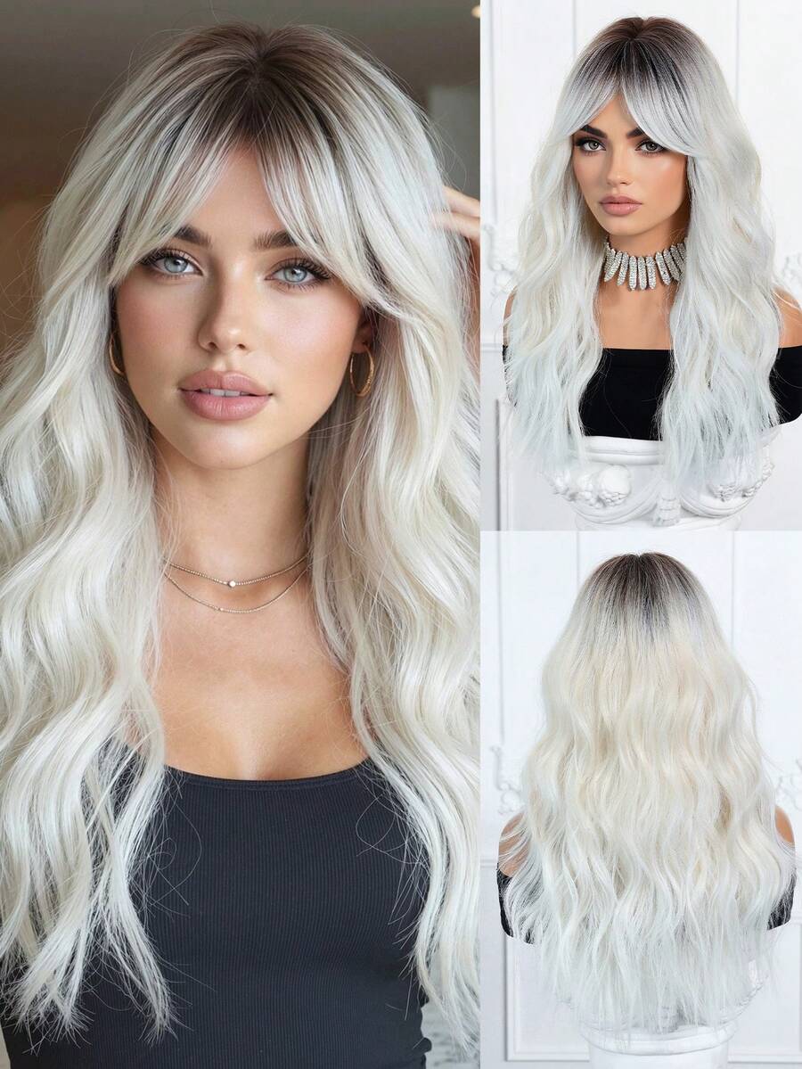 22 Inch Brown To Golden Ombre Synthetic Wig, Dark Roots, Adds Volume, Fashionable Women's Wig, Easy Maintenance, Suitable For Daily Wear, Highlights, Multi-Color