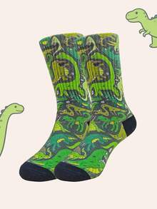 1 Pair Children's Cartoon Dinosaur Socks, Green, Suitable For Ages 1-16, High Elasticity Mid-Calf, Casual Sports Socks For Boys And Girls, Fashionable And Versatile, Spring/Summer/Autumn - 彩色 - 查看 5