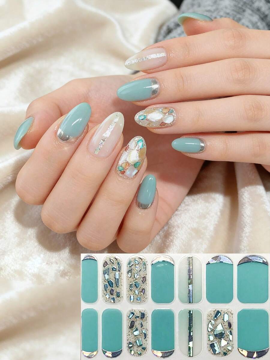 新款3D仿贝壳绿色美甲贴纸,DIY组合美甲装饰,杏仁形美甲 - 彩色 - 查看 1