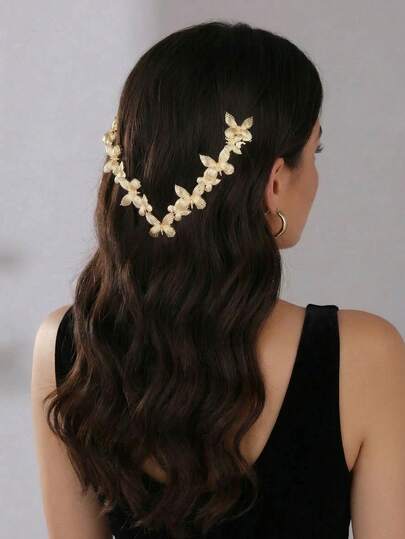1pc Bride's Alloy V-Shaped Hairpin With Butterfly Decor, Elegant Bridal Hair Accessory Suitable For Wedding, Party, Butterfly & Leaf Pattern Zinc Alloy