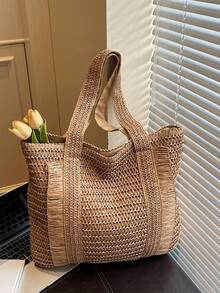 Large Capacity Woven Tote Bag, Versatile Handbag/Shoulder Bag Suitable For Beach, Daily Outing, Vacation - Multicolor - View 9