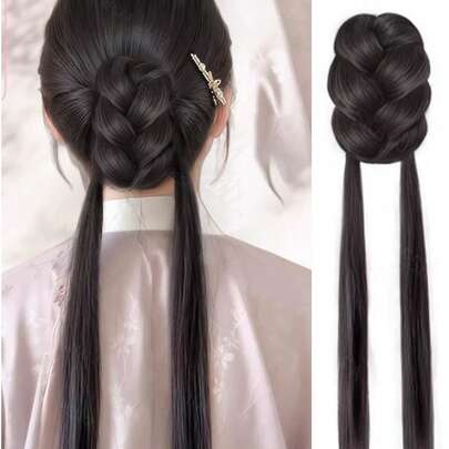 Tóc giả đuôi ngựa thẳng dài 20 inch, kiểu hoa cài đầu, kẹp chắc chắn, chất liệu sợi cao cấp, phù hợp cho phụ nữ.