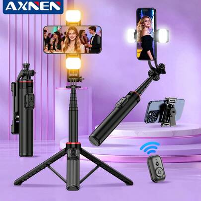 AXNEN 1310mm / 51.57-Inch Wireless Selfie Stick / Phone Tripod, 3-Level Adjustable Mini Fill Light, Wireless Detachable Remote, Retractable And Foldable Design - Easy To Carry, Made Of Enhanced Aluminum Alloy, Suitable For Live Streaming, Christmas And Various Holiday Recordings, Travel, Outdoor Activities.