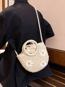 Daisy Straw Woven Bag | Romantic Essential For Summer Vacation And Daily Outings. Semi-Circular Body With 3D Daisy Decor! Dual Handle Design Includes A Short Hand Strap For Short Trips And A Detachable Long Shoulder Strap, Crossbody Or Shoulder Carry, Easily Matches Commuting, Shopping Or Beach Vacation Scenes. - Multicolor - View 3