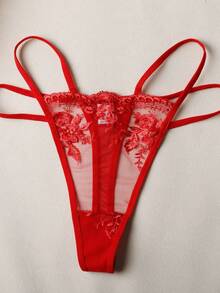 Conjunto de lencería de malla transparente bordada sexy para mujer, sujetador con aros y liguero de 3 piezas - Rojo - Ver 10