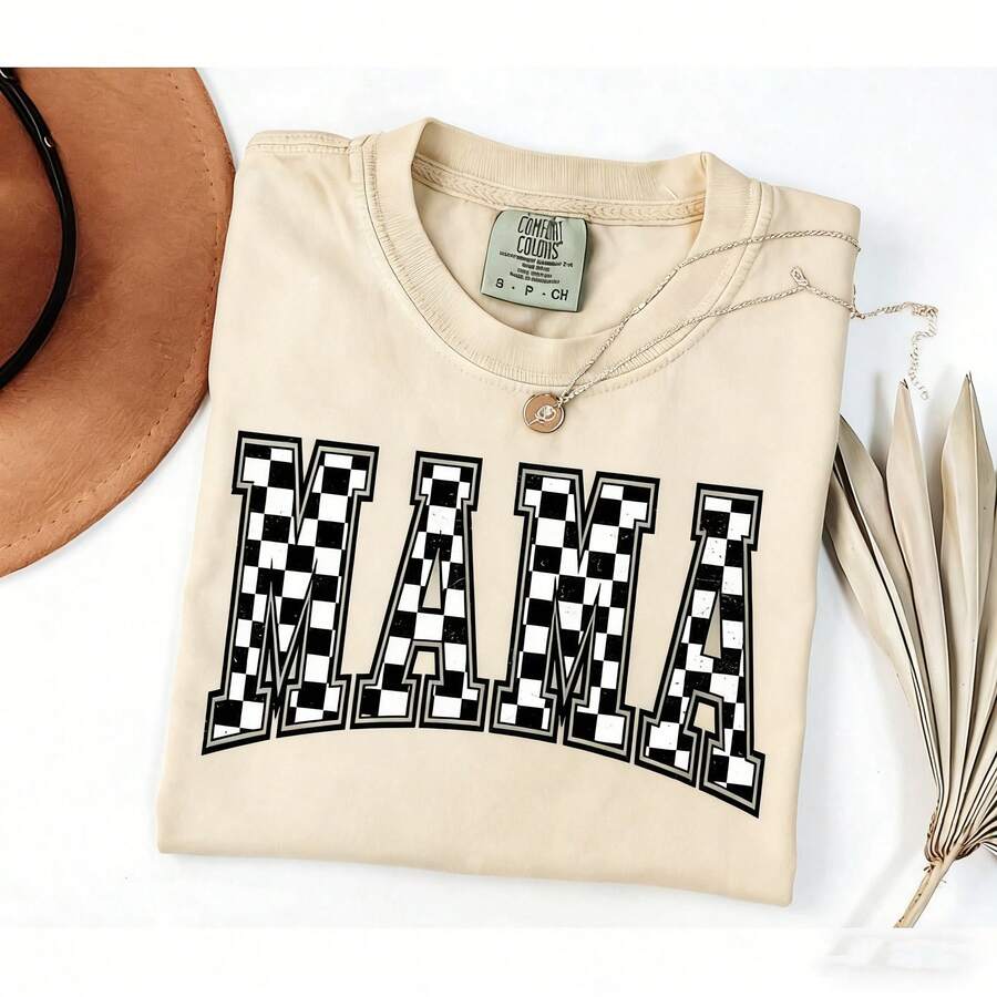 [100% Cotton] VPRNT  Checkered Mama Shirt, Gift For Mom, Retro Mom Shirt, Mother's Day Gift, Vintage Checkered Shirt,  Tee, Full Colors, Summer & Fall & Winter Styles Short Sleeve Tops - Unisex Women's & Men's Campus Daily Wear - 杏色 - 查看 1